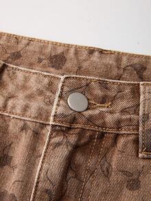 Quần jeans nữ ống rộng dáng suông in hoa, có túi, kiểu dáng thường ngày. - Màu Khaki - Xem 5