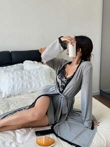 Napfluff 波点蕾丝吊带睡裙和睡袍套装 - 灰色 - 查看 6