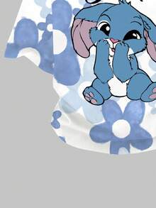 Ensemble 2 pièces Top à manches courtes col rond et pantalon évasé, motif lapin bleu Lulu et Stitch, dégradé bleu floral, style dessin animé décontracté pour jeune fille, adapté pour l'été - Multicolore - Voir 6