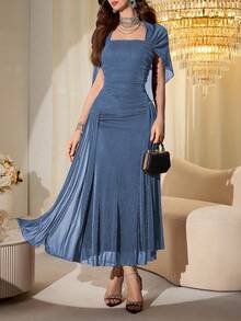 Modelyn Đầm dài ôm dáng, không dây vai, tay bồng, chất liệu lưới bóng, thanh lịch dành cho nữ, thích hợp cho mùa xuân và mùa thu. - Màu xanh lam - Xem 3