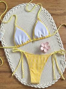 Swim Mod Women's Textured Halter Neck Triangle Bikini Set With Side Tie, Suitable For Beach Golf Seaside, Spring/Summer White Sexy - Yellow - View 2