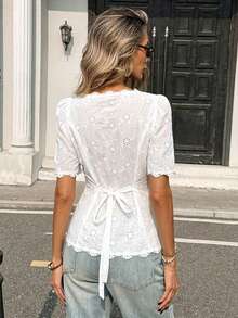 Pariaura Women's Elegant French Lace Embroidered Short Sleeve Button-Up Blouse - White - View 2