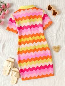 SHEIN 少女春夏休闲Polo领针织修身连衣裙 - 彩色 - 查看 2