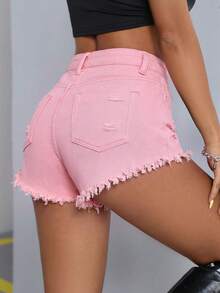 SHEIN PETITE 女士纯色简约休闲牛仔短裤 - 粉色 - 查看 2