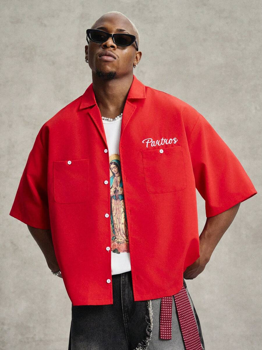 PAVTROS 男士字母刺绣单排扣口袋短袖衬衫 - 紅色 - 查看 1