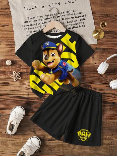 SHEIN | PAW Patrol 男童字母卡通印花圆领短袖T恤和短裤套装