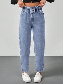 SHEIN Tall Women's Button Waist Design Pocket Tapered Jeans, Tall Back-To-School Light Blue Summer Casual - Light Wash - View 5