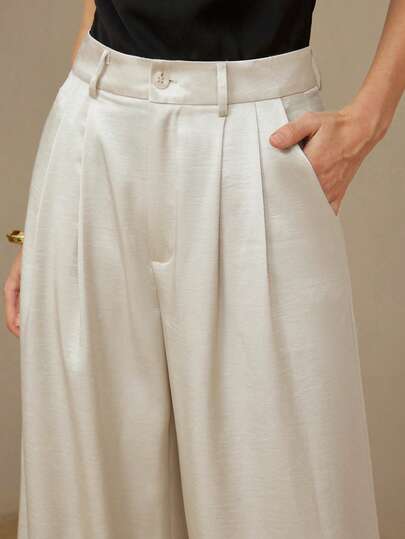 Aveloria Rosie Elegant Luxury Satin Pleated Wide Leg Loose Trousers, Versatile Commuting And Daily Wear, Cream White Color