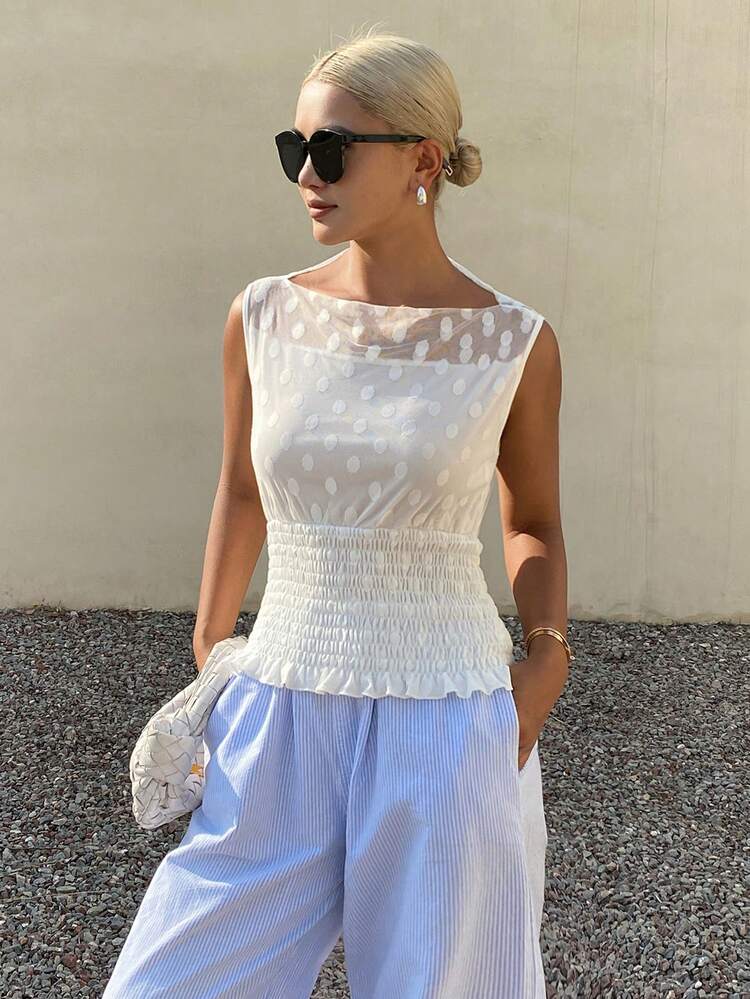 Women's Polka Dot Tie-Front Asymmetrical Shoulder Casual Vacation Summer Blouse
