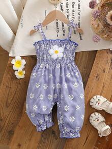 SHEIN Vintaside Kids 女嬰夏季連身褲，可愛雛菊與藍白格紋設計，休閒舒適戶外穿搭 - 藍色 - 查看 3