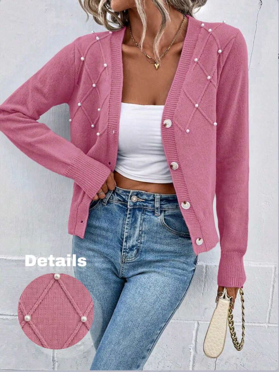 EMERY ROSE Women's Solid Color Pearl Decorated Cardigan