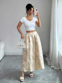 SHEIN Elenzya Falda acampanada de jacquard elegante y romántica para vacaciones, oficina y fiestas en color albaricoque - Albaricoque - Ver 6