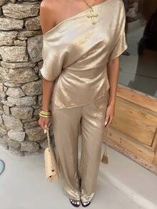 Firerie Women's Elegant Sexy Gold Summer Wedding Night Out Urban Chic Metallic Coated Asymmetric Hem Loose Blouse Elastic Waist Wide Leg Pants Set - Gold - View 14