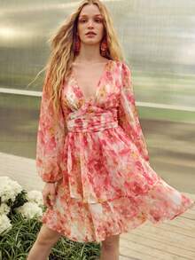 MOTF PREMIUM WOMEN'S PRINTED DOUBLE-LAYER RUFFLE HEM SHORT DRESS - Pink - View 6