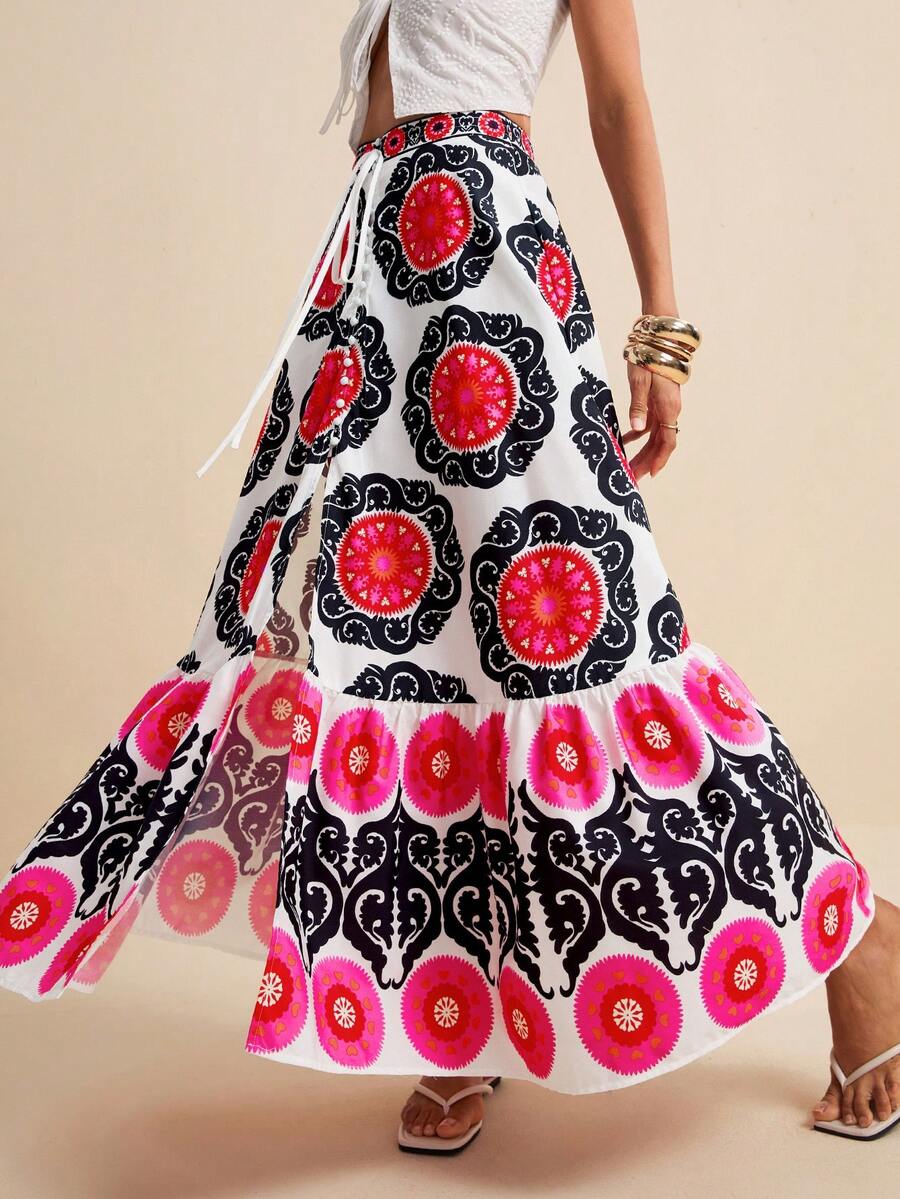 LOTSLUV Chân váy nữ phong cách Bohemian, họa tiết totem, cạp xoắn, xẻ tà cao, thích hợp cho kỳ nghỉ xuân/hè. - Nhiều màu - Xem 1