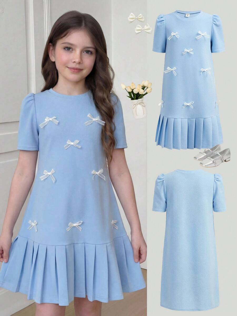 Girlism Vestido elegante con lazo y pliegues para niñas preadolescentes, adecuado para fiestas, uso casual, graduación, regreso a la escuela, vacaciones, té de la tarde, temporada de bodas - Celeste - Ver 1