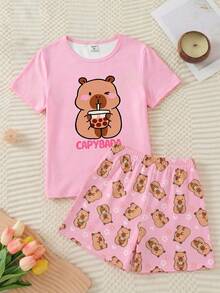 可爱卡通水豚喝珍珠奶茶印花针织面料舒适柔软甜美可爱圆领短袖短裤宽松两件套睡衣套装，适合少女穿着 - 彩色 - 查看 6