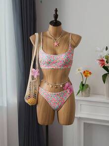 SHEIN Swim Mod 夏季海灘女士假期花卉印花簡約時尚比基尼套裝，配有分離式泳裝 - 彩色 - 查看 4