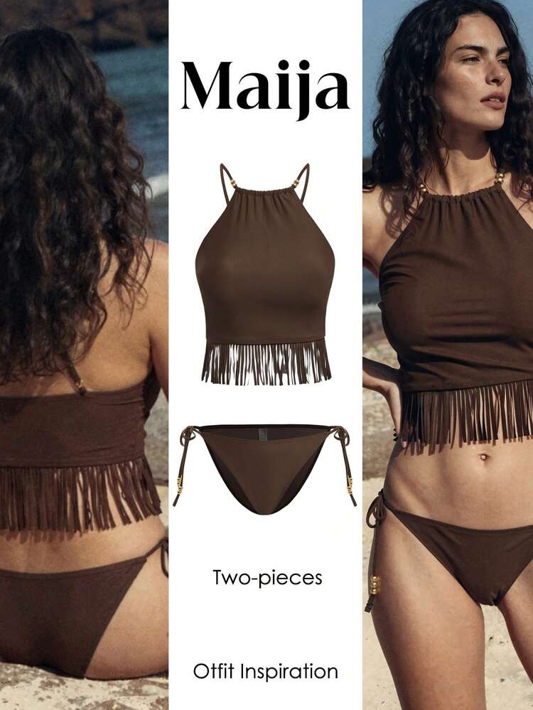 SHEIN Maija Damskie jednokolorowe bikini z frędzlami na ramiączkach spaghetti, letnie stroje kąpielowe, stroje wakacyjne damskie, letnie stroje wakacyjne, stroje na plażę dla kobiet, brązowy top do stroju kąpielowego Ibiza, brązowy top letni, brązowy kostium kąpielowy, damski brązowy zestaw bikini, bikini z frędzlami, brązowe figi od bikini, damskie stroje plażowe, brązowy strój kąpielowy dla kobiet, brązowy top do bikini z frędzlami, zestaw bikini dla kobiet, brązowe stroje na plażę dla kobiet