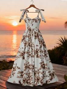 Qadelle Vestido elegante con estampado floral y hombros con lazo para vacaciones - Morado - Ver 5