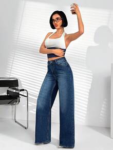 Women High Waist Dark Wash Wide Leg Casual Denim Jeans - Dark Wash - View 5
