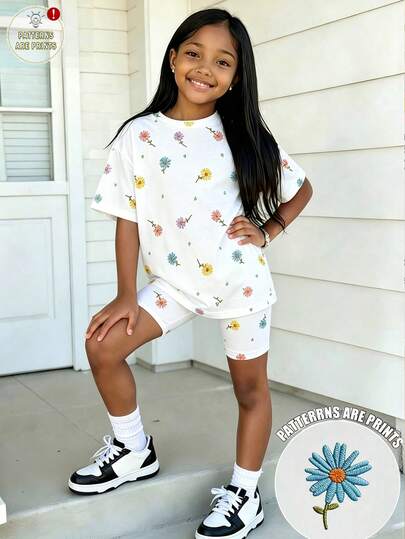 女童甜美雏菊印花短袖上衣T恤+短裤套装，仿刺绣，儿童清新休闲夏季服装