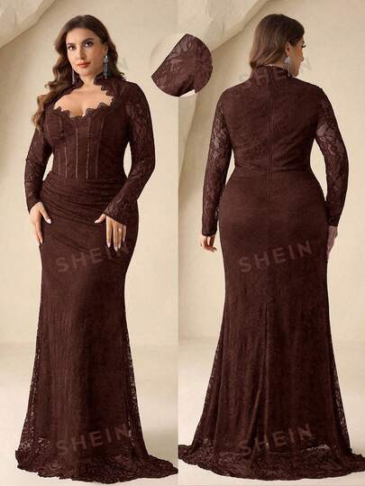 Coutiva Plus Size Lace Collar Long Sleeve Maxi Formal Evening Gown (Heavily Embellished)
