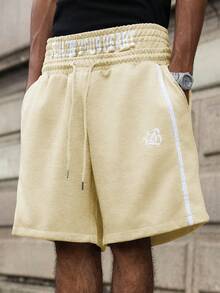 PAVTROS Young, Streetwear Style Plus Size Men's Shorts With Double Waistband, Printed, Webbing - Beige - View 5