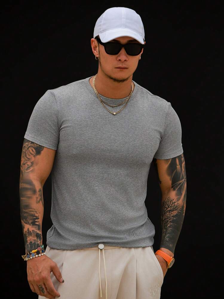 Men's Slim Fit Solid Gray Short Sleeve T-Shirt