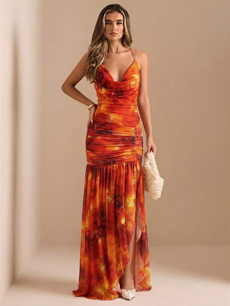 SHEIN BAE Đầm maxi dài xẻ cao, cổ sâu, họa tiết hoa/trơn, chất liệu xuyên thấu, thích hợp cho mùa xuân và hè, đi biển, gợi cảm và thanh lịch, phù hợp cho Giáng sinh, hẹn hò, tiệc cocktail, dạ hội trang trọng. - trái cam - Xem 1
