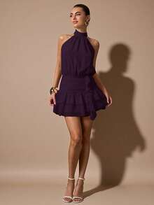 SHEIN BAE Vestido corto sin mangas con volantes en el bajo, de unicolor. Vestido mini elegante, dulce y lindo, adecuado para citas románticas, fiestas, reuniones formales, vestidos de dama de honor, vestidos de verano, vestidos de té, Año Nuevo, Día de San Valentín, vestido de cumpleaños, vestido rosa - Rojo violeta - Ver 7