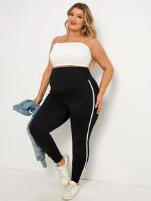Plussiva Maternity Plus Size Adjustable High Waist Contrast Striped Side Skinny Leggings - Black - View 6