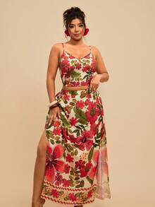 Travachic Plus Size Floral Print Tie-Front Backless Cami & Side Slit Skirt 2-Piece Set, Casual Holiday - Multicolor - View 4