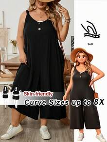 SHEIN CURVE+ 大码女式纯色褶皱休闲连体裤阔腿裤 - 黑色 - 查看 2