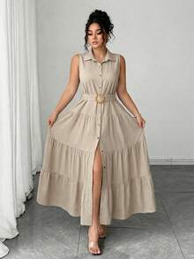 Elenzga Plus Size Women's Solid Color Casual Commuter Front Single-Breasted Button Sleeveless Shirt Dress, Pleated Dress, Summer - Apricot - View 2