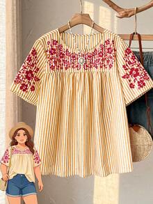 Rusticease Plus Size Women's White Summer Boho Vacation Holiday,Short Sleeve Striped Floral Print Blouse,Spring Round Neck Casual Country Smock Tops - Mustard Yellow - View 9