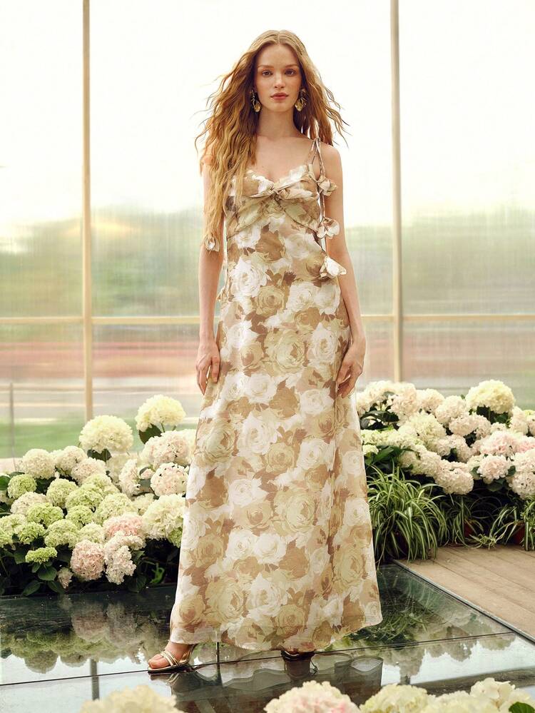 ELEGANT SPAGHETTI STRAP DEEP V-NECK MAXI PARTY DRESS FOR WOMEN, CHEST KNOT DETAIL, ADJUSTABLE SHOULDER TIES WITH 3D FLORAL ACCENTS, VALENTINE'S DAY & FORMAL EVENINGS