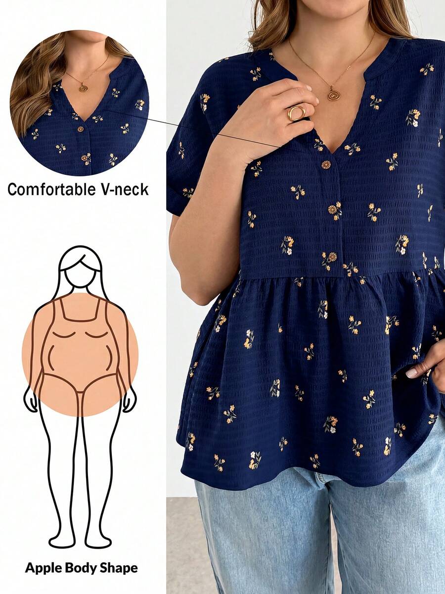 Shapeblank 大码女装春夏时尚休闲宽松舒适日常百搭显瘦V领黑色碎花短袖上衣，女式衬衫，夏季服装，度假装，欧洲夏季 - 藏蓝色 - 查看 1