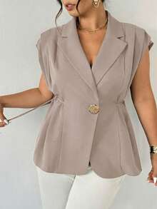 Firerie Áo khoác vest nữ Plus mới, kiểu dáng thường ngày thanh lịch, cài khuy kim loại, màu nâu nhạt, chất liệu vải lanh mỏng, dễ phối đồ/Áo vest giả vải lanh/Áo vest xếp ly thắt nơ/Trang phục công sở thường ngày cho nữ/Trang phục giáo viên cho nữ/Trang phục cổ điển cho nữ/Thu Đông - Màu Khaki - Xem 3