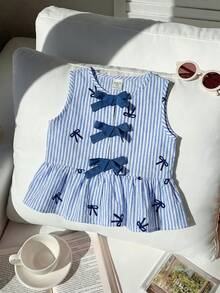 SHEIN 少女可爱夏季百搭粉色条纹蝴蝶结无袖上衣 - 藍色 - 查看 3
