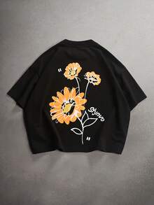 Manfinity Short-Sleeved T-Shirt With Embossed Floral Print, Urban Style. Suitable For - 酒紅色 - 查看 2