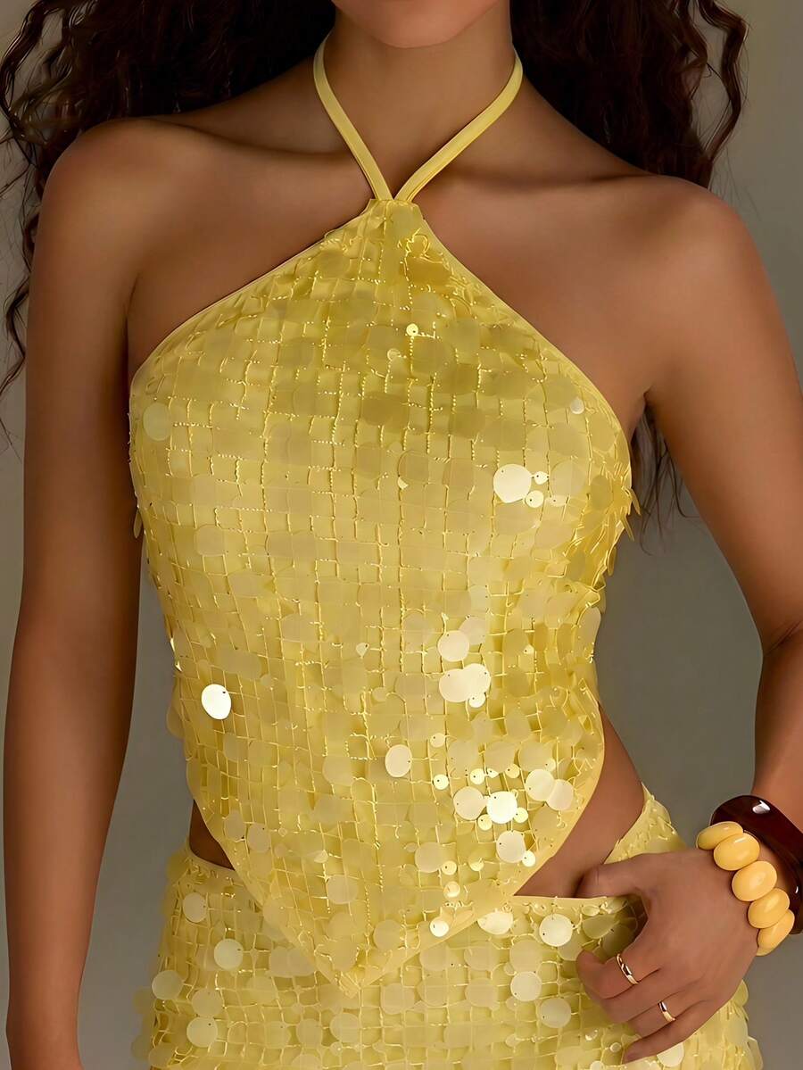 Athîral Women's Casual Vacation Knitted Sequin Yellow Sequin Backless Sleeveless Top, Solid Color Sequin Asymmetrical Hem Camisole, Summer Outfit, Women's Disco Top, Backless Sexy Top, Yellow Top, Sparkling Top, Suitable For Holiday Vacation, Date Party Outfit, Party Outfit, , Y2k Clothing For Women, Retro, Vacation Evening Gown, Two Binding Methods,Summer Top - Pale Yellow - View 1