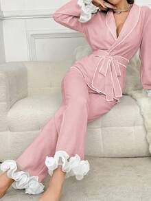 SHEIN 女士网纱拼接上衣和裤子休闲家居服套装 - 粉色 - 查看 5