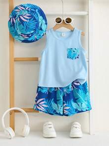 SHEIN Bộ 3 món bao gồm: Áo ba lỗ màu xanh dương cho bé trai/trẻ em, quần short đi nghỉ mát và mũ ngư dân. Bộ đồ đi nghỉ mát, trang phục bé trai, bộ áo ba lỗ. - Nhiều màu - Xem 3
