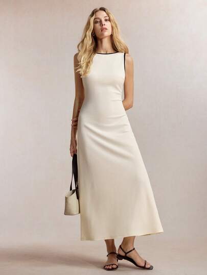 BizChic Đầm trắng cổ tròn viền đen phối màu tương phản, lưng hở thắt nơ, kiểu dáng mới mùa Xuân/Hè, đa năng cho công sở, kinh doanh, các dịp xã giao, thanh lịch, giản dị thành thị, phù hợp cho đi chơi, hẹn hò, tiệc tùng, hòa nhạc, ăn trưa, sân bay.