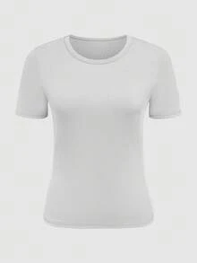 SHEIN Women's Solid Color Round Neck Casual Versatile Daily Wear Short Sleeve T-Shirt - Multicolor - View 5