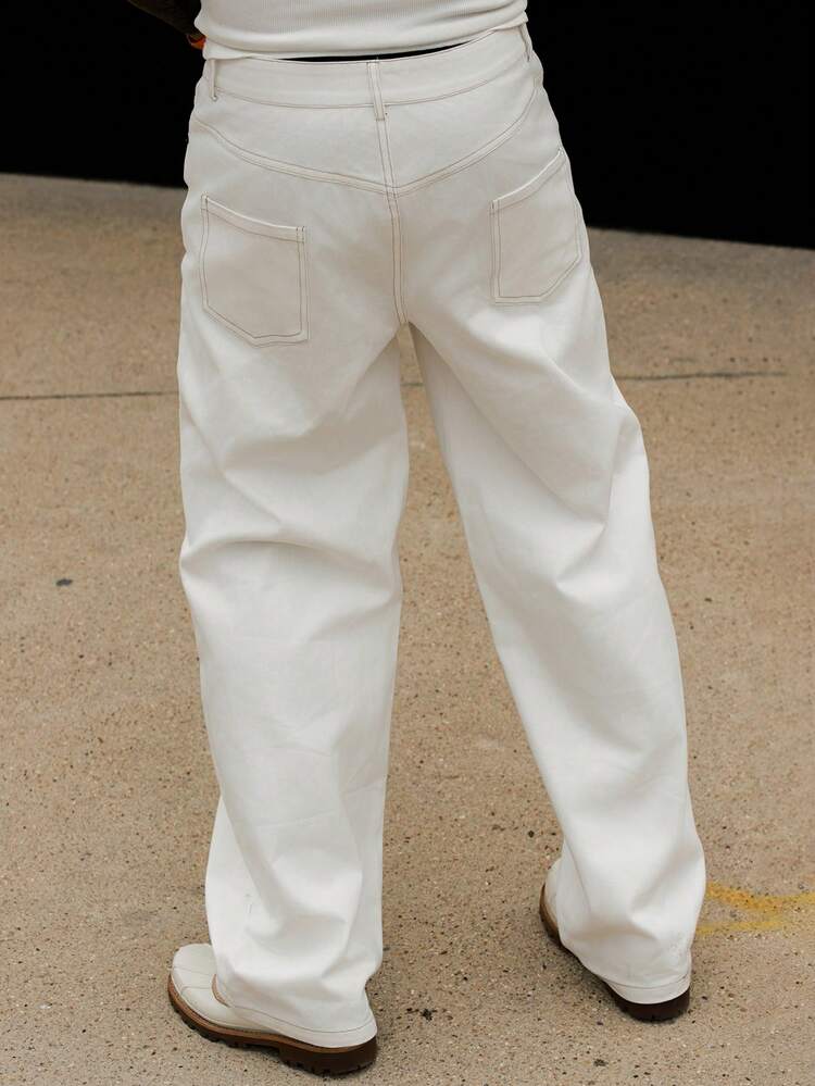 Long White Solid Color Loose Fit Pants For Men