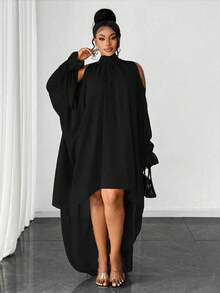 Maweii Vestido elegante de cuello mao de unicolor con bajo asimétrico para tallas grandes - Negro - Ver 3
