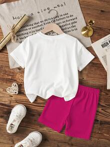 THE POWERPUFF GIRLS X SHEIN 女童夏季休闲可爱卡通字母印花T恤和短裤套装 - 白色 - 查看 2