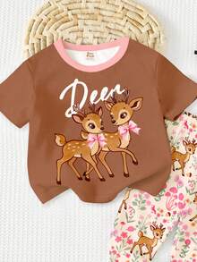 SHEIN 2件套 女童可爱柔软蝴蝶结小鹿“Oh Deer！”波西米亚印花休闲宽松圆领短袖T恤和打底裤套装，适合春夏穿着 - 彩色 - 查看 5
